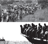 Foto migranti in cammino e su barcone
